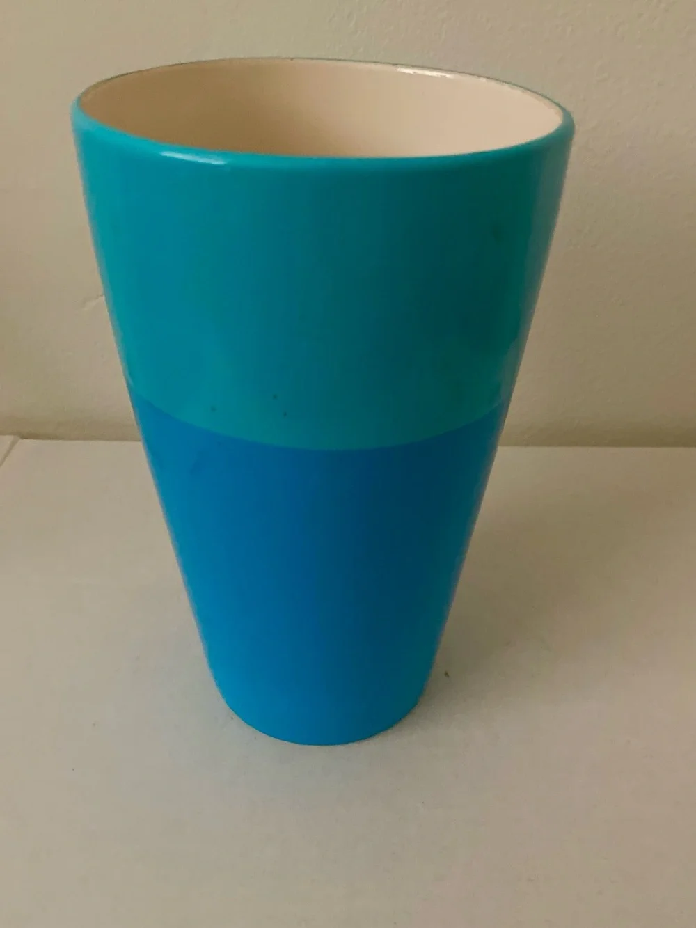 Happy Birthday Vase. 8 1/2” Height. Turquoise & Sky Blue Ceramic.